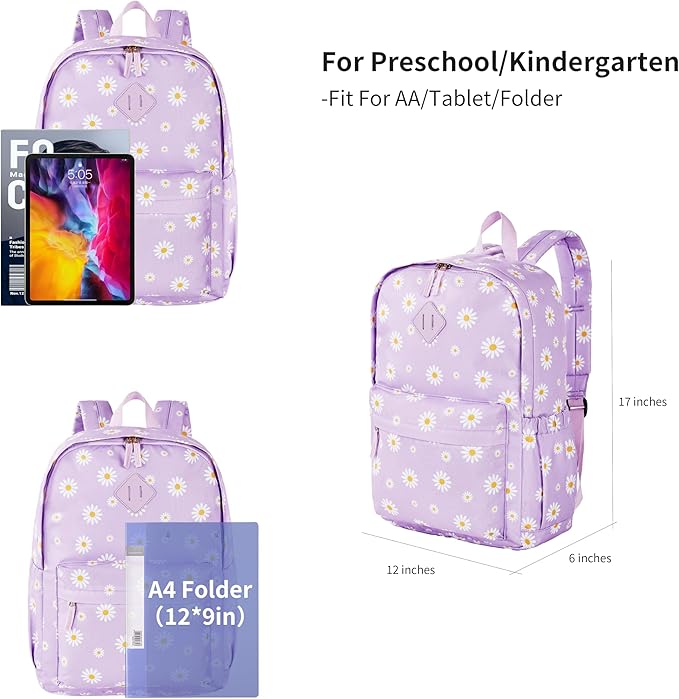 KK CRAFTS Preschool Backpack Kindergarten Little Kids Toddler Elementary School Backpacks for Boys and Girls with Chest Strap(17Inch, Daisy-Purple)