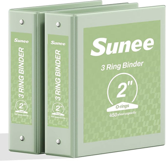SUNEE 3 Ring Binder 2 Inch 2 Pack, Clear View Three Ring PVC-Free (Fit 8.5x11 Inches) for School or Office Supplies, Sage Green