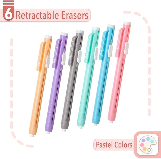 Mr. Pen- Retractable Mechanical Eraser Pens, 6 Pack, Pastel Colors, Latex-Free Precision Pencil Erasers for Artists, Students, Drawing, Sketching & Drafting