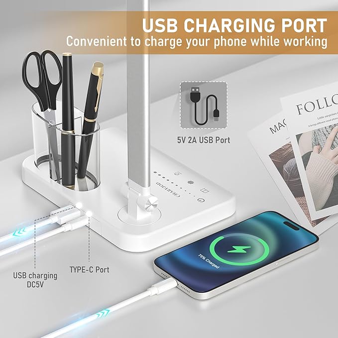 CHARYJOD LED Desk Lamp for Home Office, Eye-Caring Desk Light with USB Adapter, 10W 50 Lighting Modes Foldable Dual Swing Arm Architect Table Lamp Light for Reading, Study, Workbench, 45min Timer