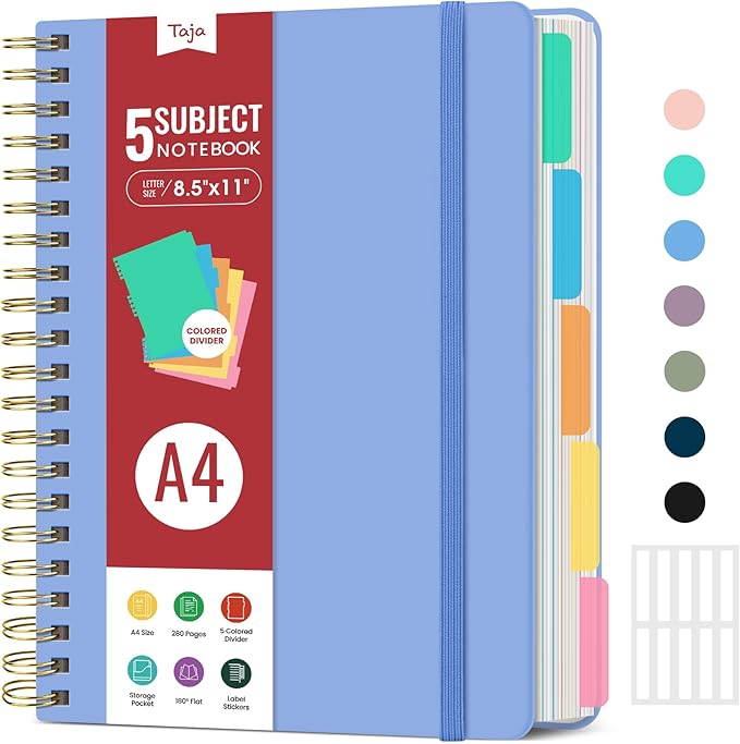 Hardcover Spiral Journal Notebooks for Work With Removable Dividers & Tabs, 8.5"x11" 5 Subject Notebook for Note Taking & Organizer, A4 College Ruled Lined Journal for Women & Writing, Lavender, 280 Pages