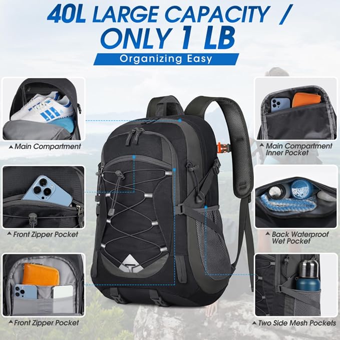 IGOLUMON Hiking Backpack 40L Packable Lightweight Camping Daypack Men Women | Multi-compartment storage Water-resistant Foldable Nylon Material Hiking Day pack for Camping Cycling Outdoor
