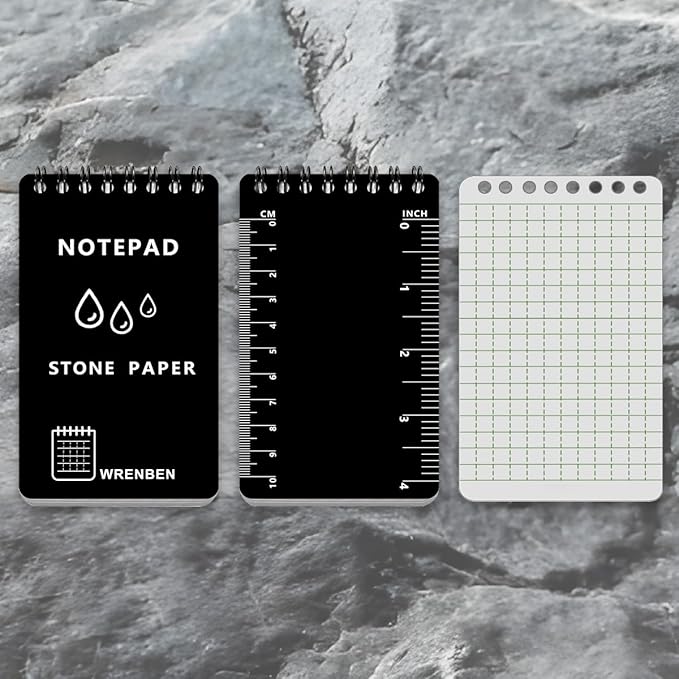 4PCS Waterproof Spiral Notebook 3"x5" with Stone Graph Paper, All-Weather Pocket Notepad A7, Memo Steno Pads for Outdoor Work, Travel, Field, Military (Black, 4 Pack)