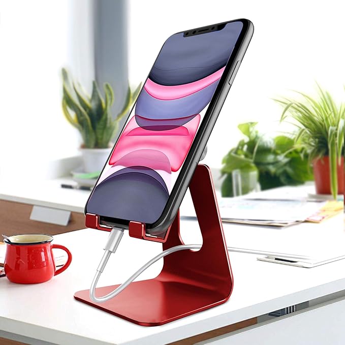 CreaDream Adjustable Cell Phone Stand, Phone Stand, Cradle, Dock, Holder, Aluminum Desktop Stand Compatible with Phone Xs Max Xr 8 7 6 6s Plus SE Charging, Accessories Desk,All Mobile Phones-Red