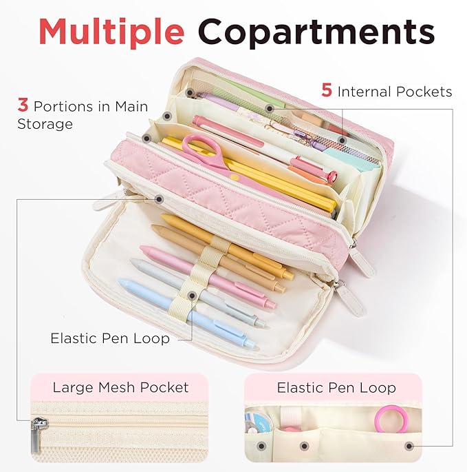 Sooez Large Pencil Case Pouch, Extra Big Pencil Bag with 8 Compartments, Pen Bag Wide Opening, Soft Quilted Pencil Pouch Organizer with Zipper, Portable Pencil Case for Teen Girls, Light Gray