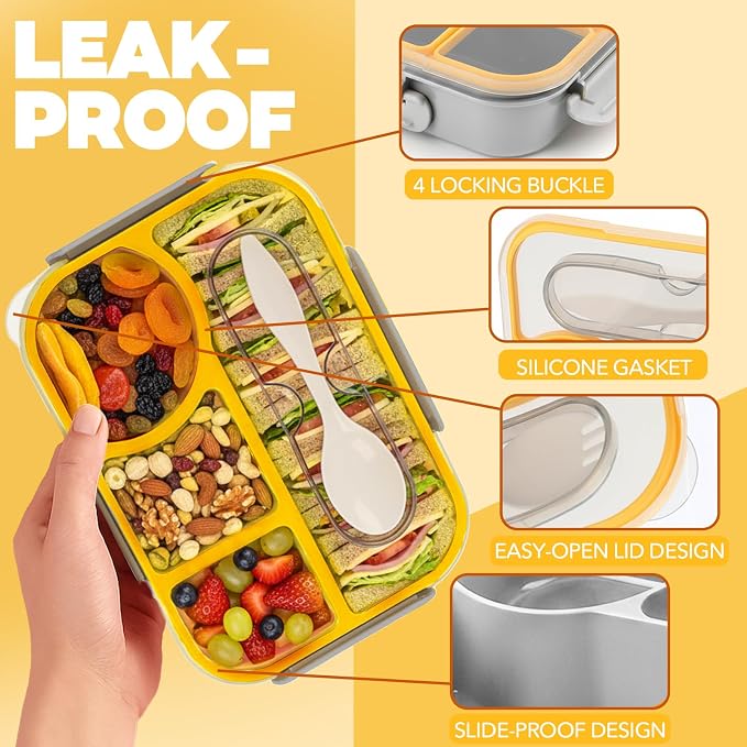 Bento Box for Adults,4 Compartments Lunch Box, Lunch Containers,Grey