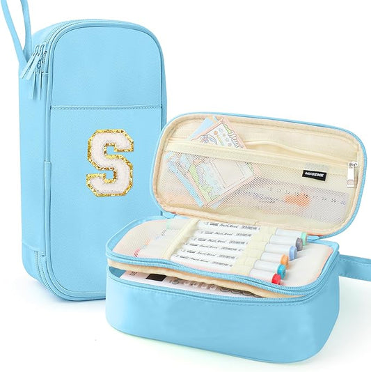 Large Pencil Case,Big Capacity Pencil Pouch,Personalized Initial Pencil Bag with smooth zipper,Multiple Pockets,Cute Aesthetic Stationery Pen Case Bag for Teen Girls College (Blue, S)