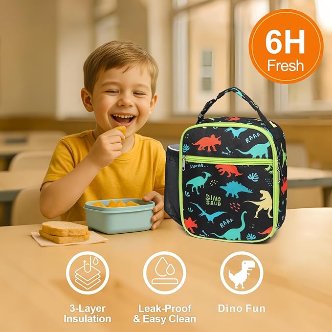 Bagseri Kids Lunch Box for Boys - Insulated Toddler Lunch Bag Fits Bento Box, Reusable Daycare Cooler Tote with Clip Handle, Water-Resistant Lining, Black Dinosaur