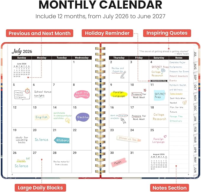 Planner 2026-2027, Academic Planner Weekly and Monthly, Jul 2026 - Jun 2027, Spiral Bound School Planning Tool with Tabs and Pocket, Perfect for Students & Teacher, 6.3" x 8.5", Coastal Sunset