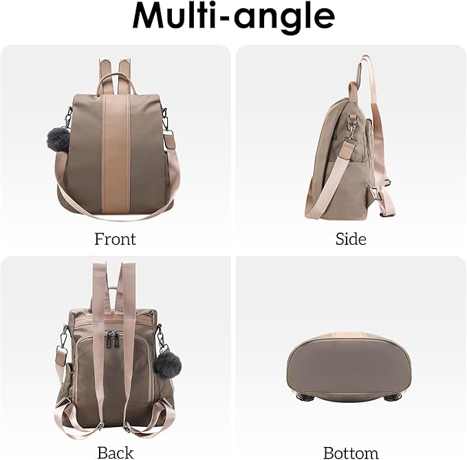 PINCNEL Women Khaki Medium Backpack Purse Waterproof Nylon Anti-theft Rucksack Lightweight Shoulder Bag