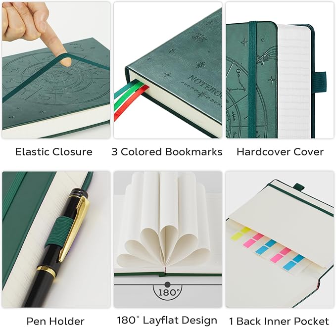 FOCUS DAY Hardcover Notebook Journal, B5 Lined Daily Journal College Ruled Notebook for Women Men, 320 Pages Large Writing Journal Notebook for School Work, Dark Green Leather Notebook, 7.1'' X 10''