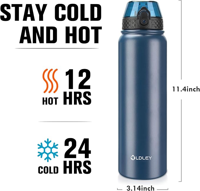 Oldley Insulated Water Bottle 32oz Water Bottles with Straw, Stainless Steel Water Bottle with 3 Lids, Double Wall Vacuum Bottels for Adults Kids,Leak-Proof Sport Bottles for School Travel, Navy Blue