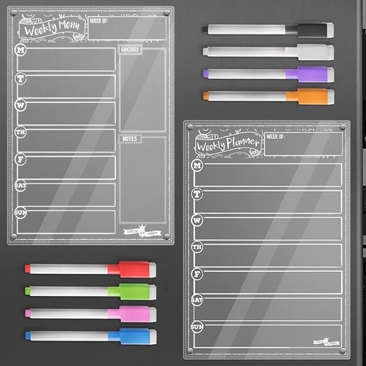 CHALKY CROWN Acrylic Magnetic Weekly Planner for Fridge Plus Menu Board for Kitchen with 8 Magnetic Markers - Dry Erase Board for Fridge - Weekly Meal Planner (2 Boards, 14.5x10.2 Each)