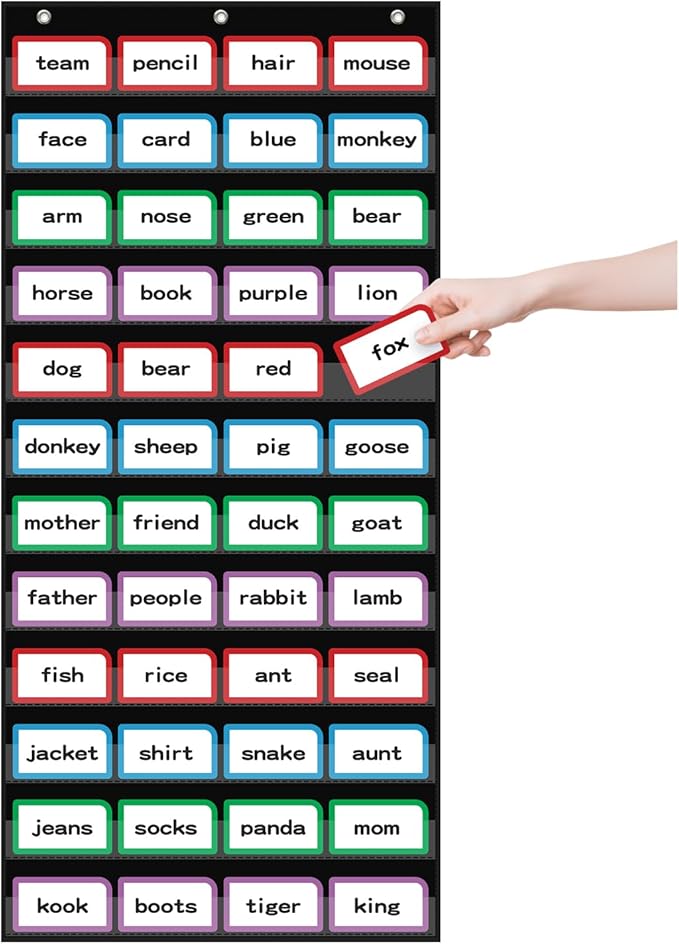 ANCOMEDO 20”W x 48.25”H Classroom Words Pocket Chart with 12 Clear Pockets, Black Standard Pocket Chart for Classroom and Home for Sentence Strips, Reusable Clear Pocket Hanging Words Chart (Black)