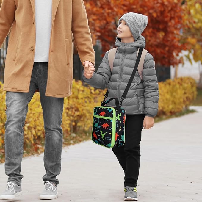Bagseri Kids Lunch Bag with Shoulder Strap - Insulated Crossbody Boys Lunch Box for School & Travel, Reusable Large Meal Tote with Bottle Holder, Fits Bento Box, Black Dinosaur