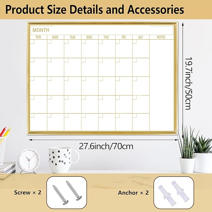 Gold Dry Erase Calendar Whiteboard for wall-20’’x28’’,Portable Aluminum Frame,Magnetic Calendar White Board,Wall Planner Dry Erase Board for Office, Kitchen, School, Home