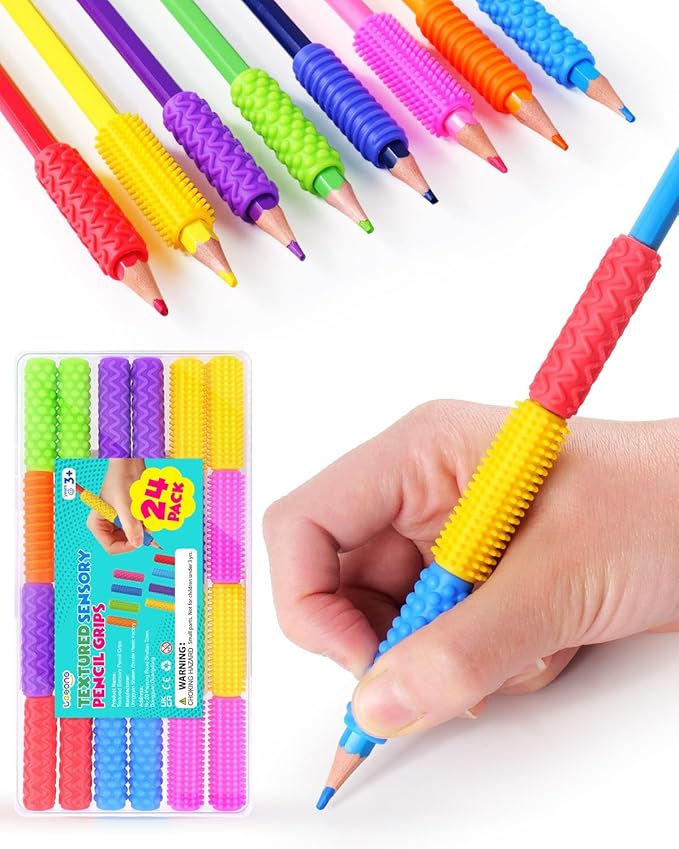 Sensory Fidget Toys Kids Adults: 24 Pack Textured Silicone Pencil Grips for Autism Kids Calming - ADHD Tools for Stress Relief Items - Quite Fidget Toy Special Education Needs Classroom Must Have