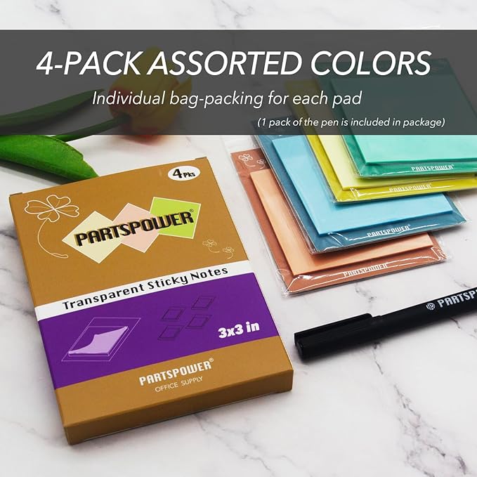 PARTSPOWER Super Transparent Sticky Notes, Jewel Tones 4 Packs 3X3 Inch See Through Annotating Sticky Notes for Annotating, Bible Study Supplies, Office School Supplies - Untamed Youth Series