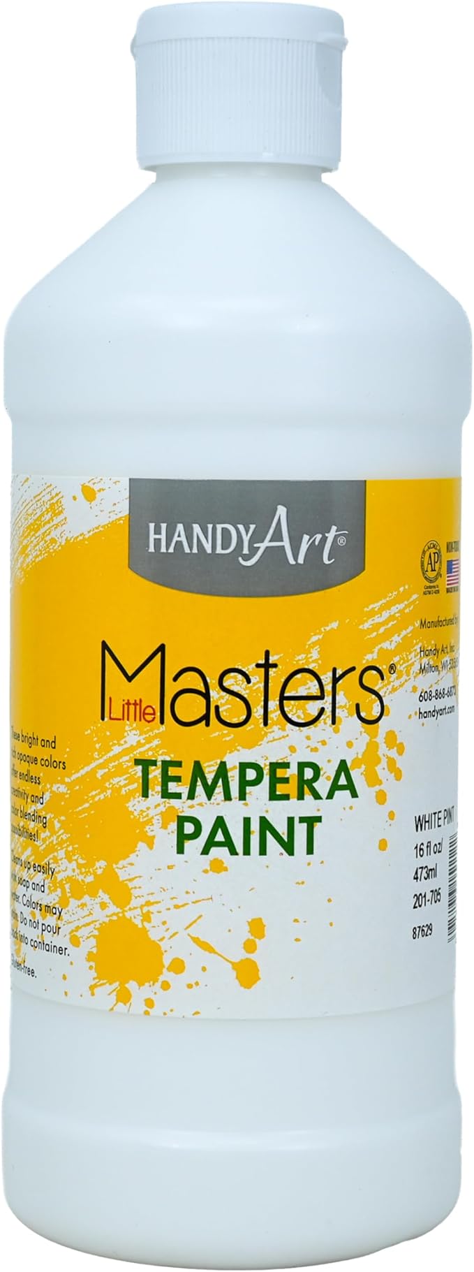 Handy Art Little Masters Tempera Paint, White, 16 oz Bottle, Bright & Mixable, High Opacity, Washable Colors for Classroom, Students, Kids, Young Artists, Safe & Non-Toxic, Made in USA