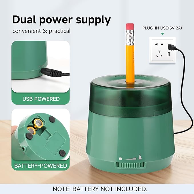 Electric Pencil Sharpener, Dual Power USB Battery Operated, Portable Design for 6-8mm Pencils, Home School Office Use (Green)