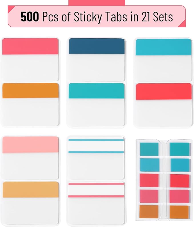 Mr. Pen- Sticky Index Tabs, 500 Pcs, 21 Sets, Colorful, Writable Colored Pages Markers Labels for Reading Notes, Books, Binders, Notebook, Folders and Classify Files, Water-Resistant