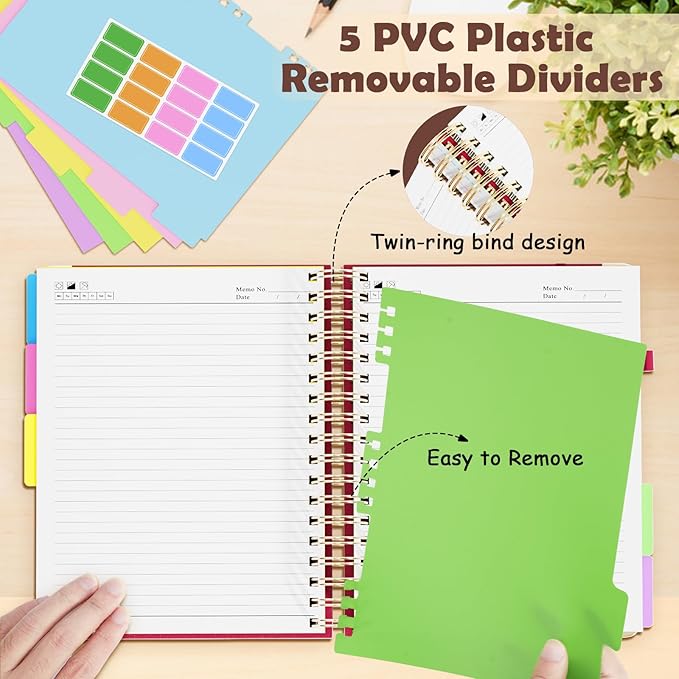 QIYVLOS Hardcover Spiral Notebook, B5 Journal with Removable Dividers Tabs, 5 Subject Notebook College Ruled, 320 Pages 8"x10" Leather Notebooks for Work School Study, Lined Journal for Women, Red