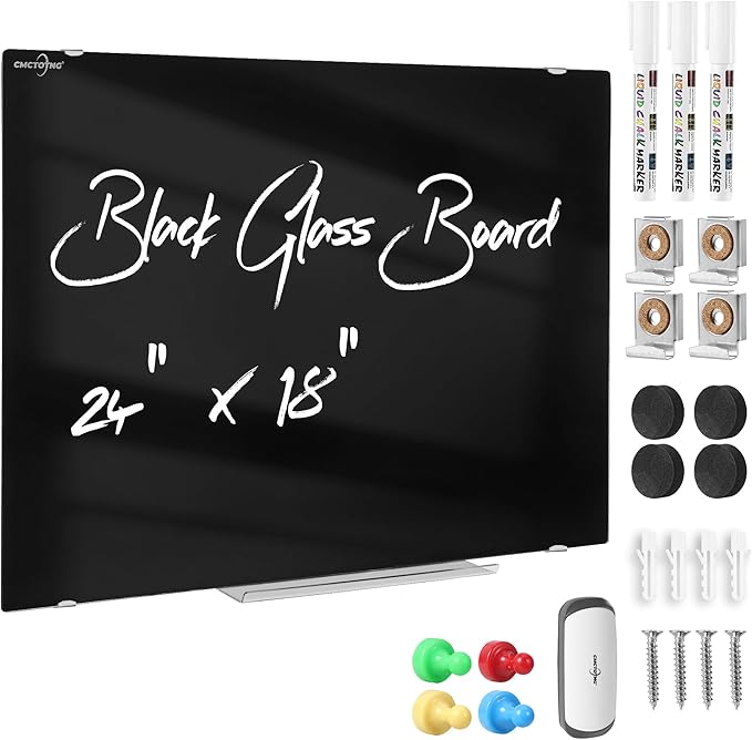 24 x 18 Magnetic Glass Blackboard, Frameless Glass Dry Erase Board for Wall, Home, Office, Classroom