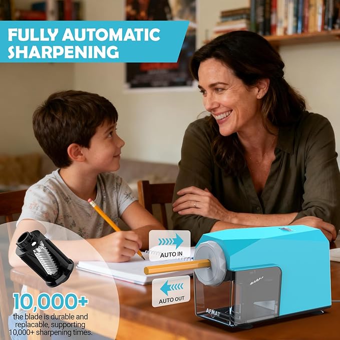 AFMAT Electric Pencil Sharpener, Fast & Hands-Free, 10K+ Uses, 5 Nibs, Fully Automatic Pencil Sharpener for Classroom, Heavy Duty Sharpeners for No.2/Jumbo/Colored Pencils (φ6.5-10.5mm) US Plug(120V)