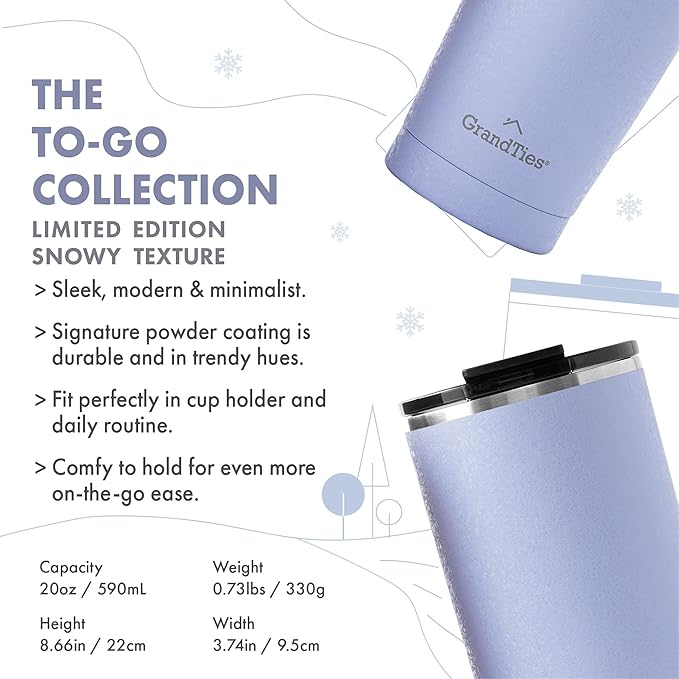 GRANDTIES Insulated Coffee Tumbler Cup w/Tritan Lid | Leak Proof, Reusable, Double Walled Vacuum Stainless Steel Travel Mug | Thermal Cups for Hot and Cold Drinks | 20oz | Sanctuary, Snowy Texture
