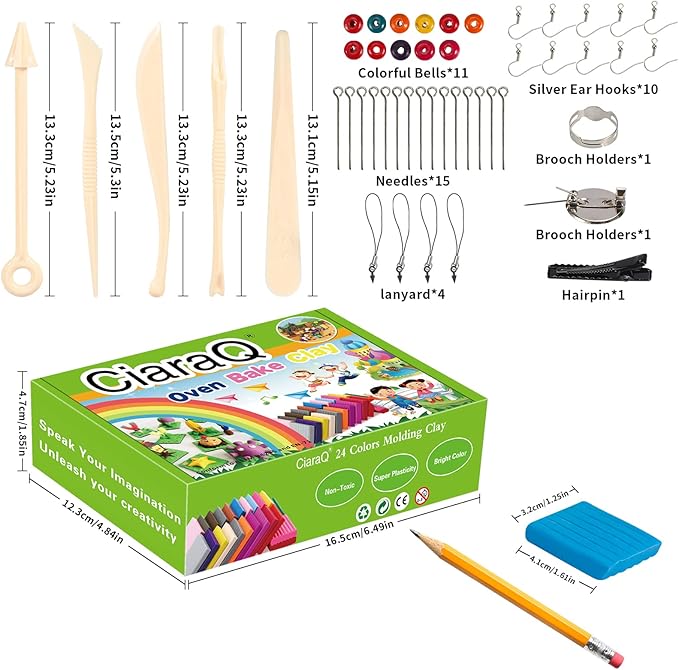 CiaraQ Polymer Clay 24 Colors Starter Kit - Oven Bake Modeling Clay for Kids & Artists, Non-Sticky DIY Clay with Sculpting Tools, Fun Gift for Children Ages 4+, 1.2 lb