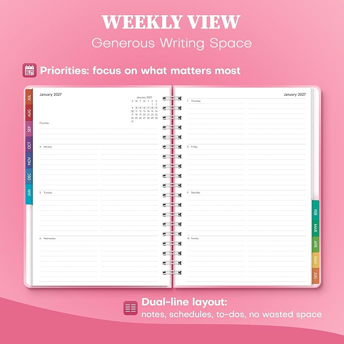 Planner 2026-2027 Monthly and Weekly Academic Planner July 2026 - June 2027, Hardcover Calendar 2026-2027 Agenda Daily Planner for Student Teacher School Office Supplies, 7.4" x 10.2", Pink Ombre