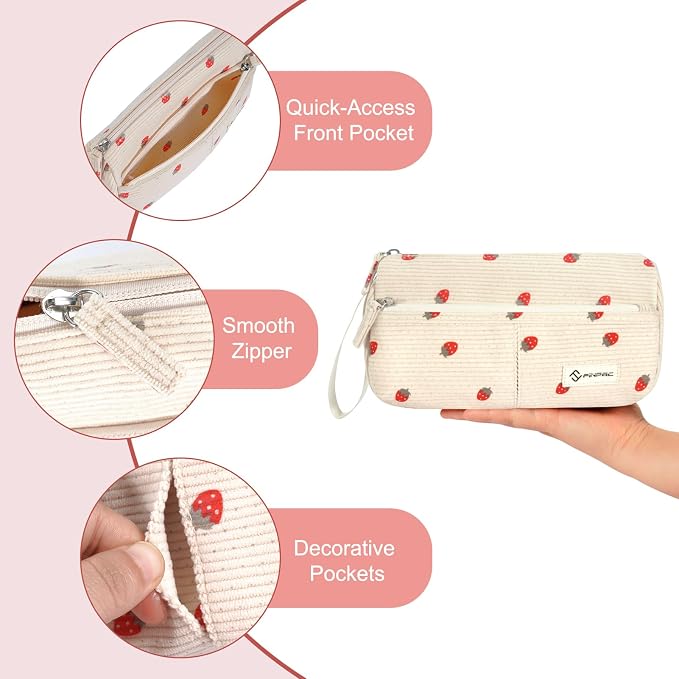 FINPAC Pencil Case, Corduroy Triangle Makeup Bag Kawaii Pen Bag Pouch | Pencil Holder Box Organize for Study, Office, or Travel, Strawberry