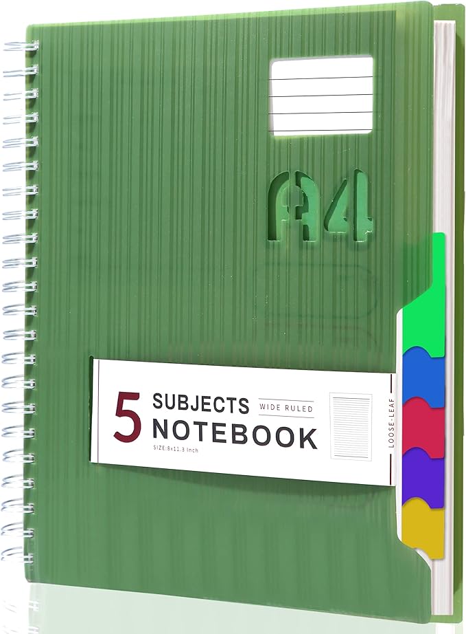 CAGIE 5 Subject Notebook with tabs 8.5'' x 11'', Hardcover Notebook with 5 Colored dividers, Spiral Notebook Wide Ruled for Work 262 Page, Multi-Subject Notebooks for School Office Supplies, Green
