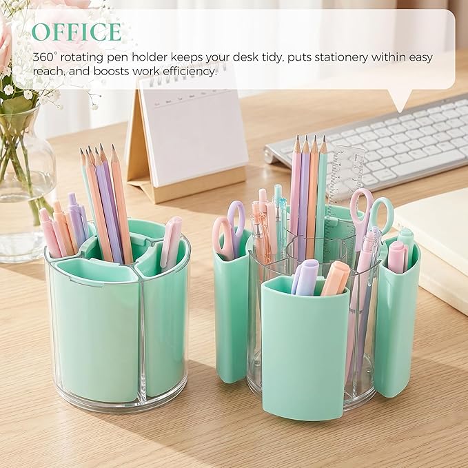 KONVINIT Green Pen Holder for Desk, 5 Slots 360° Rotating Pen Organizer, Cute Desk Organizers and Accessories for School, Home, Office and Art Supply