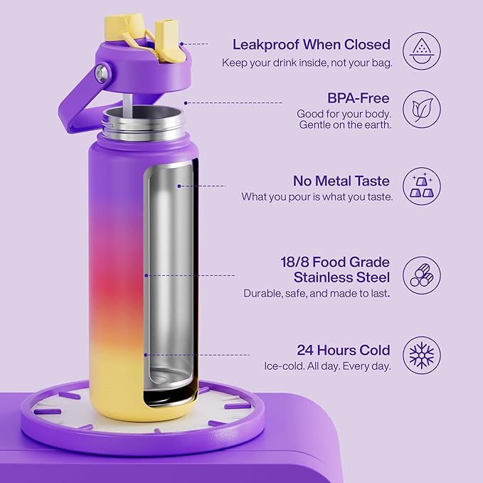 ENCOOL Insulated Water Bottle with Straw Stainless Steel Water Bottle, Leak-Proof, BPA-Free, Double Wall Vacuum Keeps Cold for 24 Hours for Sports, Travel, School (32 oz, Peach Dream)