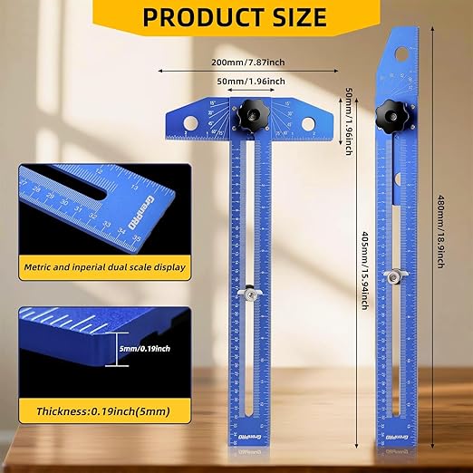 GRENPRO Woodworking Scriber Marking Line Ruler with Carpenter Pencil & Metal Ruler, Adjustable Aluminum Alloy Sliding T-Square Ruler, Measuring Angle Finder with Adjustment Scale,Drawing Aid Rule tool