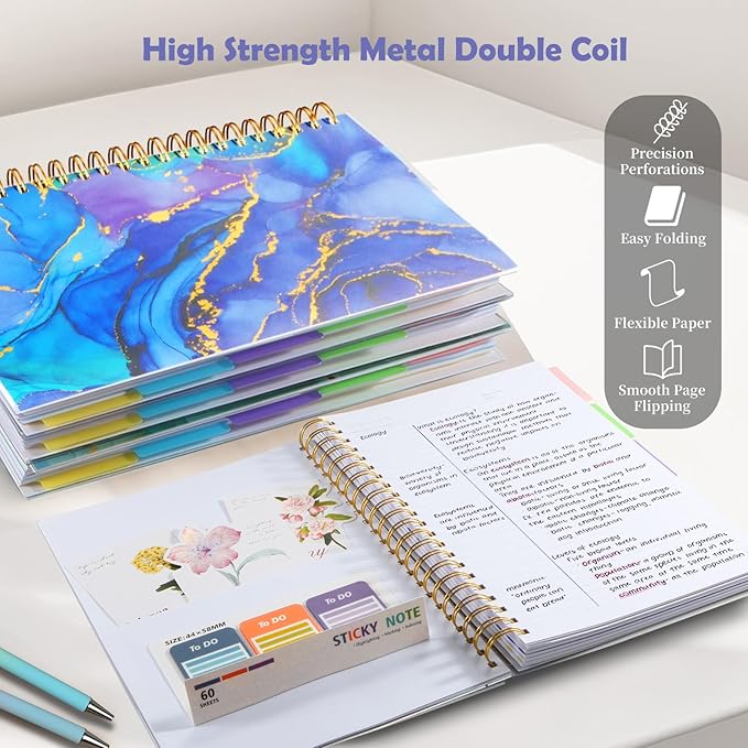 5 Subject Notebook for Work with Removable Dividers Tabs, Large 8.5" x 11 Spiral Lined Notebooks for School Note Taking & Organizer, A4 240 Pages College Ruled Journal for Women & Writing, Purple
