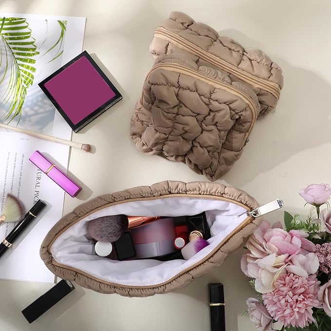Huhumy 3 Pcs Puffy Makeup Bag Quilted Cosmetic Pouch for Women Cute Checkered Travel Toiletry Bag Puffer Makeup Organizer Purse Pouch Preppy Pencil Case with Zipper (Brown)