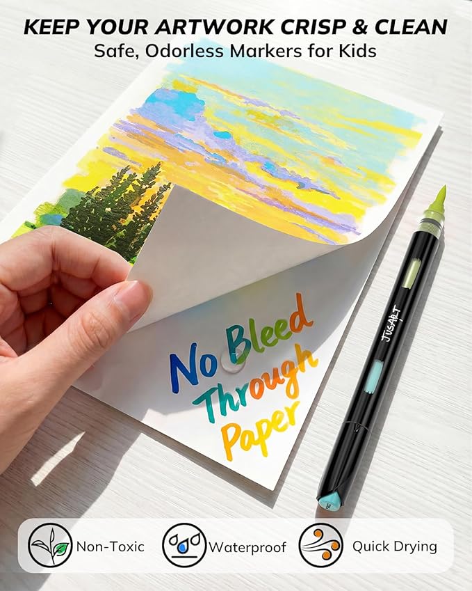 JusArt Acrylic Paint Markers 72 Colors, 36 Dual-Tip Brush Markers, No Bleed