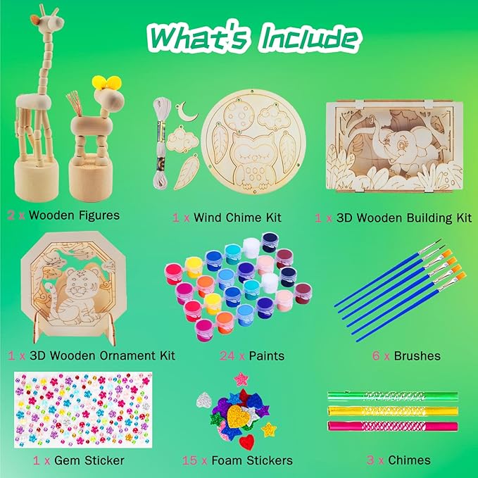 BEILUOYOO Wooden Painting Crafts for Kids - Art and Craft Kits for Kids 5-12 - Decorate & Build Your Own 3D Wood Animal Figures with Paint and Gem - Creative Activities Birthday Gifts for Girls Boys