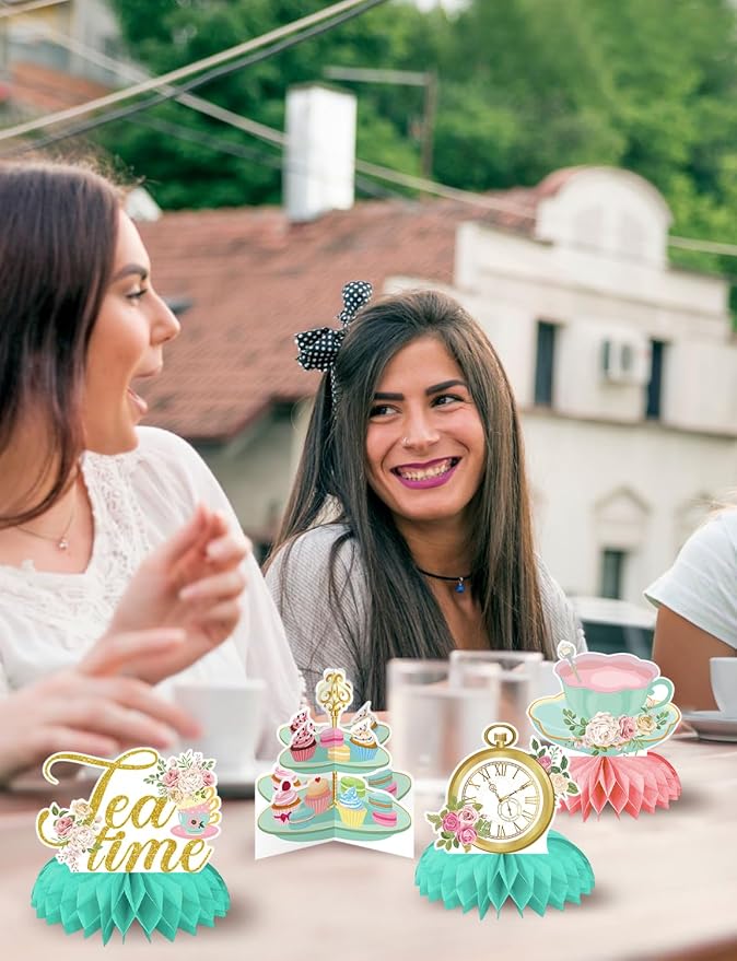 Tea Party Decorations, 9 Pcs Tea Party Table Decorations for Girls | 3D Tea Party Centerpieces for Tables, Floral Teapot Honeycomb Centerpieces for Birthday, Baby Shower Spring Party Supplies