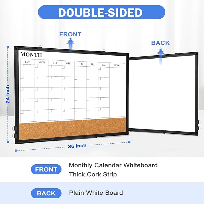 Monthly Calendar Whiteboard Dry Erase Cork Board Combo for Wall, 36" x 24" Magnetic Double-Sided Calendar White Board and Bulletin Board, Portable Board for Office, Kitchen, School, Home