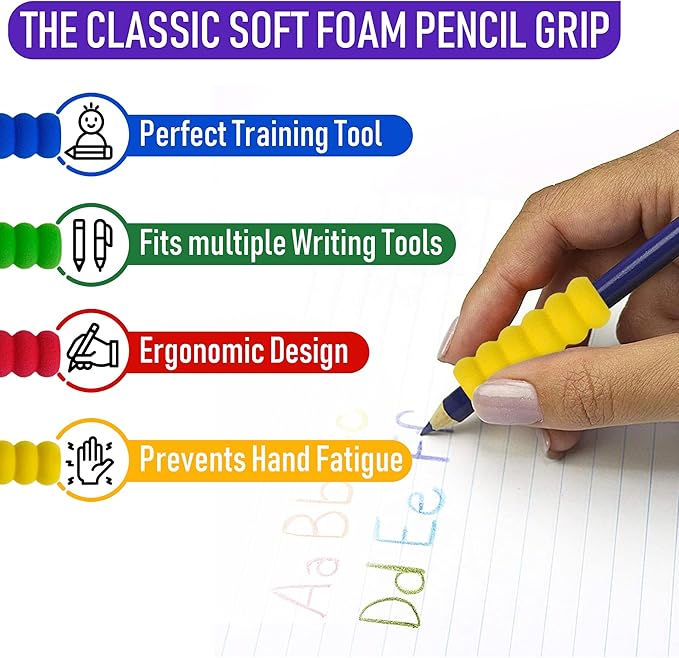 Pencil Grip The Classics Ridged Foam Grip 12 Pack – Ergonomic Writing Aid for Kids & Adults, Soft & Comfortable, Fits Pens, Pencils, Crayons, Right or Left Handed, Assorted Colors, Classroom Supplies