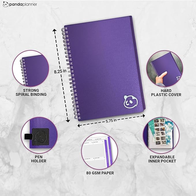 Panda Planner 2026 Undated Weekly Planner – Spiral Notebook 5.75" x 8.25" with 52 Weeks, Habit Tracker & Weekly To-Do Lists – Academic Planner & Productivity Organizer for Home, Office & School (Purple)