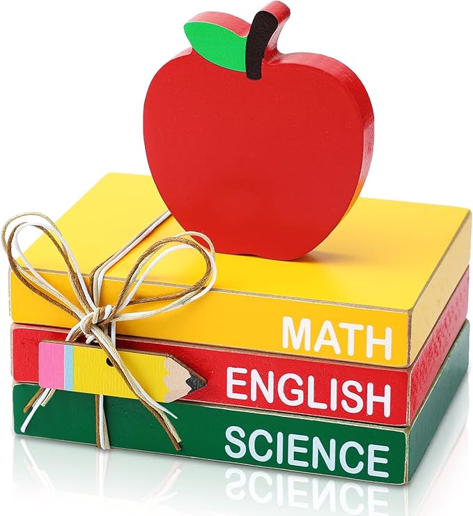 Pinkunn 4 Pcs Back to School Table Decorations, Wooden Apple Centerpiece Stacks Books Block Sign Apple Tiered Tray Decor for First Day of School Tabletop Teachers Gift for Office Classroom Desk Shelf