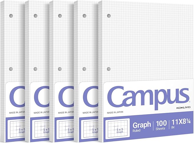 KOKUYO 5x5 Graph Paper, 8.25x11 Inches, 500 Sheets Loose Leaf Paper, Smooth Writing Surface, Bleed Resistant Filler Paper for Math, Engineering, Art Projects. Japan Import (WSG-NO-887G2x5)