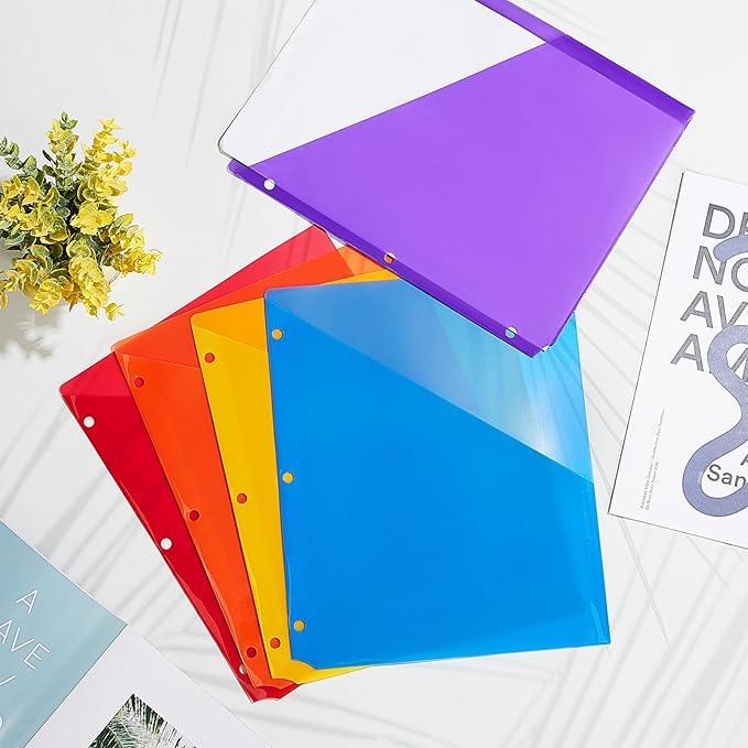 Maitys 5 Pack Binder Pockets 3 Hole Punch Clear Plastic Document Folders Binder Organizer Store Letter Size 8.5 x 11 Inch Paper Folders with Pockets Slash File Jacket for Office(Multicolor)