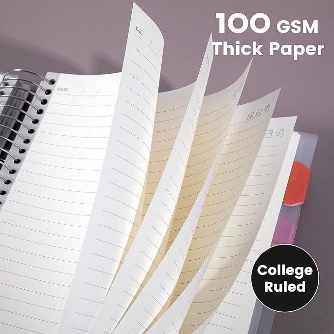 Yoment 5 Subject Notebook College Ruled, 300 Pages Spiral Notebook with Removable Divider Tabs，Hardcover 8 x 10 Inches College Ruled Journal 1 Inner Pocket for School College Work Office Home,Black