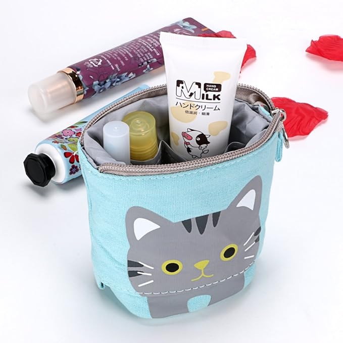 Telescopic Pencil Pouch Standing Pen Holder Cute Bags Stand Up Case Cartoon Storage Box Canvas+PU Stationery Organizer Makeup Bag With Zipper Closure (Blue)