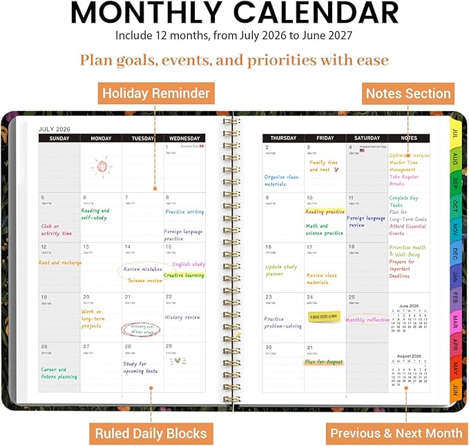 Academic Planner 2026–2027, Weekly & Monthly Calendar Planner, July 2026 – July 2027, Hardcover A5 (6.3" x 8.5") Agenda with Tabs, School Planner for Students & Teachers, Midnight Floral